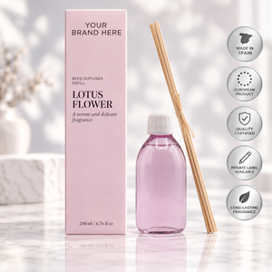 Private Label Lotus Flower Reed <b>Diffuser</b> Refill 200ml + <b>Sticks</b> | Floral Oriental Home Fragrance | OEM Manufacturer Spain - Product Image 1