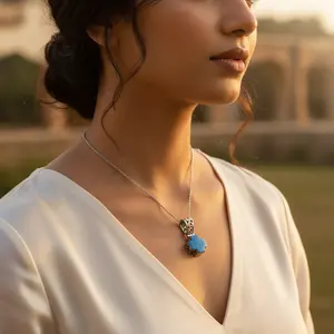 Pendentif en argent 925 avec pierre bleue en forme de croix pour femmes, bijoux religieux faits à la main avec placage en rhodium, pendentifs à motif numérique - Product Image 2