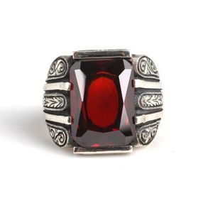 Geometric 925 Sterling Silver Rhodium-Plated Men's <b>Ring</b> with Rectangular Garnet Stone for Everyday Wear & Gifts - Product Image 4