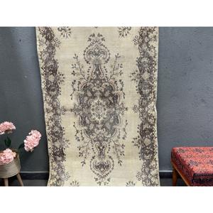 Vintage Rug, Area 3.9x7 ft Turkish Rug, <b>Brown</b> Ikat <b>Wool</b> Rug - Product Image 2