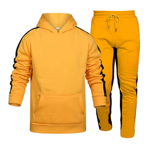 Ensemble de survêtement unisexe jaune à capuche, couleur unie, manches courtes, pantalon à cordon de serrage, tenue décontractée pour adultes, style été, longueur genou, extensible dans les quatre sens - Product Image 1