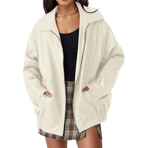 Otoño Invierno Casual Vintage chaqueta de cuero cuello alto cierre de un solo botón Color sólido logotipo frontal lavado técnica cremallera - Product Image 5