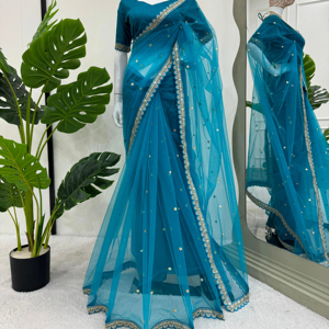 Saree et chemisier brodés en filet à paillettes pour femmes, style bollywood, pour fête - Product Image 5