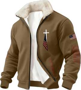 Blouson bomber zippé pour homme en polaire noir à col montant avec logo frontal, imprimé drapeau américain et croix, coupe classique, style moto hiver - Product Image 3