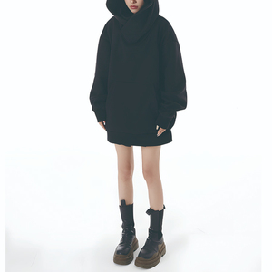 Sudadera con Capucha para Mujer, Informal, Gruesa, de Color Negro Sólido, Holgada, con Bolsillo Tipo Canguro, Cuello Alto - Product Image 3