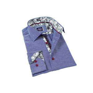 Slim Fit Men's Shirt with Blue Jeans Look, Floral Pattern Detail on Collar and <b>Cuff</b> - Product Image 1