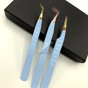 Pinzas Profesionales para Extensión de Pestañas de Acero Inoxidable Japonés con Logotipo Personalizado Azul Cielo, Punta de Diamante, Agarre de Fibra, Punta Dorada para Volumen - Product Image 6