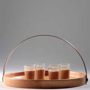 Brass Band Round <b>Tray</b> Wood Serving with Black Metal Handles Great for Ottoman <b>Tray</b> Food Breakfast <b>Eating</b> <b>Tray</b> - Product Image 4