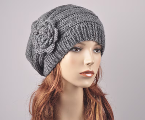 Women's Winter Wool Beret Hat Hand Knit Oversized <b>Bonnet</b> with Crochet Flower Charcoal/Dark Grey for Outdoor/Casual Wear - Product Image 5