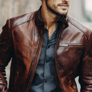 Blouson en cuir de moto pour homme, col montant, en peau de mouton, mode hiver décontractée, poche poitrine, haute qualité, écologique - Product Image 2