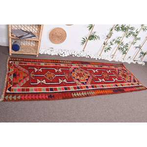 Alfombra Kilim turca Vintage de 3,1x9 pies, diseño de retales rojo y naranja, respaldo de látex de lana hecho a mano para adolescentes, pasillo rectangular de 10mm - Product Image 3