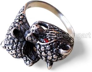 Bague pour homme, simple, à deux têtes de tigre et de panthère, yeux en rubis rouge, bague de motard, fabrication artisanale, bijoux personnalisés, bague en argent massif 925 - Product Image 2