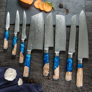 Handmade High Quality Damascus Steel Chef Knife Set 9-Pcs Ambidextrous Blue Resin Leather Sheath <b>Kitchen</b> <b>Camping</b> Survival Knives - Product Image 2