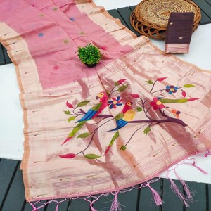 Sari VASTRA COTTAGE de Algodón Muga Puro y Suave con Tejido Meenakari, Pallu Rico con Borde de Zari Munia y Blusa de Algodón en Contraste - Product Image 1