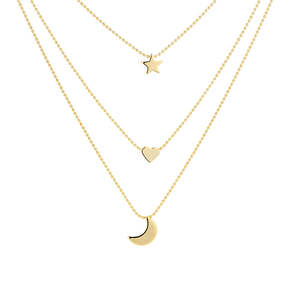 Collana a Strati con Stella, Cuore e Luna in Oro 14K e Argento Sterling, Accessorio di Moda - Product Image 1