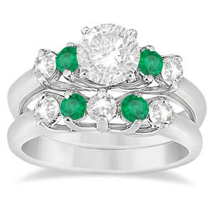 14K White Gold Fine <b>Jewelry</b> <b>Set</b> Five Stone Diamond and Emerald <b>Bridal</b> Ring (0.98ct) - Product Image 2