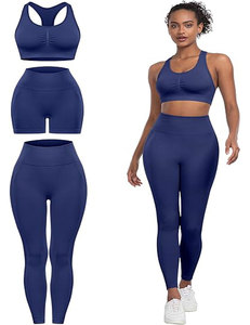 Conjunto de entrenamiento de 3 piezas ecológico para mujer, Sujetador deportivo de alto impacto, pantalones cortos transpirables para gimnasio, mallas sólidas para levantar glúteos, logotipo frontal - Product Image 1