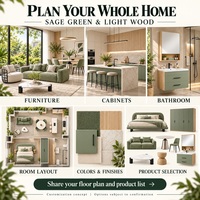 Meubles sur mesure pour toute la maison : canapé-lit vert sauge, table à manger ronde, armoires de cuisine, armoire, meuble-lavabo de salle de bain