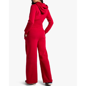 Survêtement rouge à capuche pour femmes, manches longues, couleur unie, coupe ample décontractée avec poches latérales, fermeture à cordon, vêtements d'automne - Product Image 6