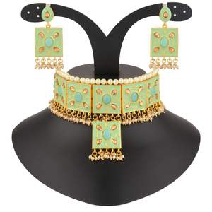 Indian Bridal Gold plated Jewellery <b>Necklace</b> Sets Faux Pearl Kundan Enamel Choker <b>Necklace</b> Dangle Earrings Set, Mint Color - Product Image 2