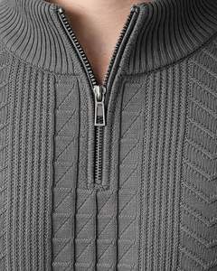Manufacturer Customized <b>Mens</b> <b>Quarter</b> <b>Zip</b> Knit <b>Sweater</b> Solid Grey Textured Chevron Pattern Warm Winter Casual Pullover OEM Custom - Product Image 5