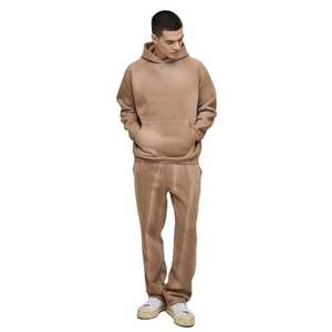 Conjunto de Sudadera con Capucha y Pantalones Deportivos Extra Grandes de Color Marrón con Mangas Raglán, Estilo Holgado, Lavado Ácido, para Hombre - Product Image 1