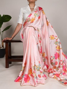 Ultimo Designer di abbigliamento pesante e bellissimo raso Saree di seta con stampa floreale con perla pizzo bordo di lavoro fornitore all'ingrosso