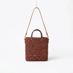 Sac cabas en paille tressée pour femme avec anse en cuir, style bohème, ouverture supérieure, deux poignées, portable pour usage quotidien toutes saisons - Product Image 5
