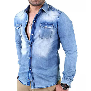 Camisas vaqueras con botones para hombre, ropa de calle informal personalizada al por mayor, camisas vaqueras de manga larga con solapa de color sólido, ropa de calle de fiesta de otoño - Product Image 5