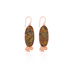 Boucles d'oreilles de créateur en plaqué or rose faites à la main, bijoux en laiton ovale long, jaspe aux fruits, pierres précieuses, style classique, pendantes à la mode - Product Image 1