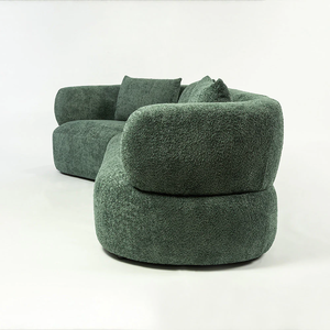 Sofá moderno de tres plazas tapizado en boucle con tela verde, brazos curvos de alta calidad y respaldo con almohadas para sala de estar - Product Image 5
