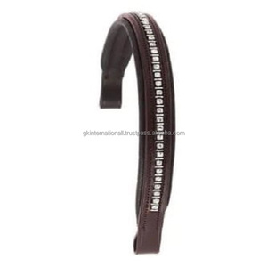 Banda de ceja de caballo de cuero suave y cómoda acolchada marrón de forma recta con cadena de cristales Mega Bling de marca decorativa de 1 fila - Product Image 2