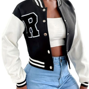 Chaqueta bomber universitaria de mujer con logotipo personalizado de fabricante OEM, chaqueta de béisbol con estampado de cuero y bordado de chenilla para hombre - Product Image 3