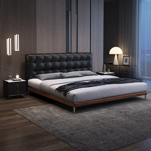 Vintage Style Fuge Genuine Leather Modern Storage Solid Teak Wood Luxury Foldable Soft <b>Bed</b> <b>Double</b> <b>Bed</b> - Product Image 4