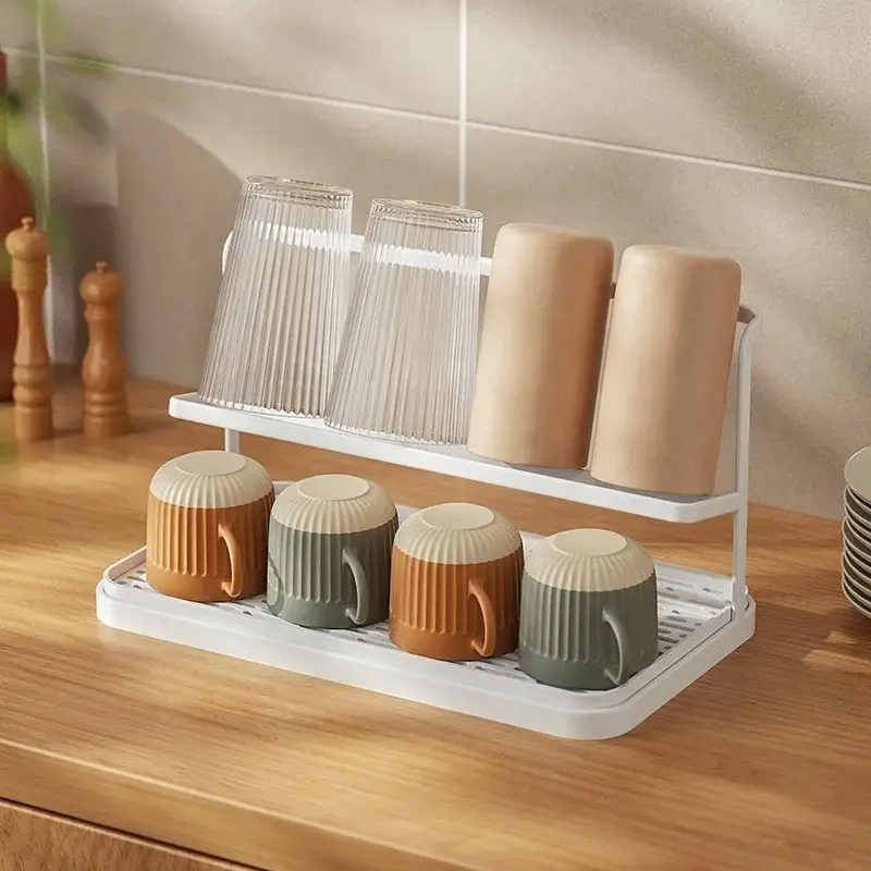 Porta tazza da caffè giapponese a 2 livelli porta tazze da caffè per uso domestico Organizer supporto tazza da tè scolapiatti con vassoio