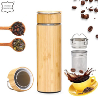 Tumbler bambu perjalanan baja tahan karat, dengan saringan teh 500ml ramah lingkungan dinding ganda terisolasi botol Stainless
