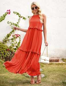 เดรสยาวสีน้ำเงินสไตล์ฤดูใบไม้ผลิและฤดูร้อนสำหรับผู้หญิง ผ้าเรยอน 100% ดีไซน์พันรอบตัว คอทรงกลม เหมาะสำหรับงานปาร์ตี้ - Product Image 5