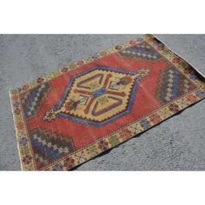 พรมถักสไตล์ตุรกีวินเทจ3.5 x 5.9ft ผ้าวูลสีเหลืองแดงถักทอเรียบพรมยางสำหรับโถงทางเดินสี่เหลี่ยมพื้นที่ - Product Image 2