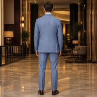 Costume homme bleu chambray, simple boutonnage, un bouton, revers cranté, poches plaquées, épaules souples, été, costumes d'affaires pour homme, sur mesure MTM