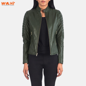 Chaqueta de motorista de cuero genuino para mujer Slim Fit Moto Style Ropa de abrigo elegante con cierre de cremallera Ropa de calle verde Patrón sólido - Product Image 2