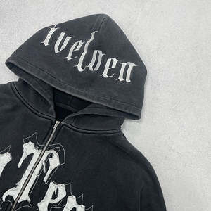 400gsm Heavyweight Vintage Acid Wash <b>Zip</b> <b>Up</b> <b>Hoodie</b> Mens Boxy <b>Cropped</b> Distressed Embroidery Patch <b>Hoodie</b> - Product Image 4