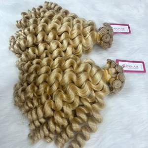 Alta calidad doble dibujado Remy cuerpo mano atada trama brasileña rubia extensión de cabello humano estilo de onda Natural - Product Image 6