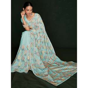 Awesome Turquoise Lucknowi Georgette Saree with Blouse for Festivals and <b>Performance</b> <b>Wear</b> - Product Image 4