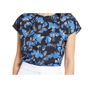 Camicetta Casual in Raso Alogeno con Maniche a Cappuccio, Stampa Floreale e Colletto con Fiocco, Disponibile in Nero e Blu, Taglie XS-XL per Primavera/Estate, Abbigliamento da Ufficio - Product Image 2