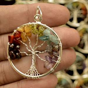 Ronde Sept Chakra Arbre de Vie Pierre Précieuse Fil Enroulé Argent Plaqué À La Main Lâche Cabochon Pierre Pendentif Guérison Cristal Lot - Product Image 1