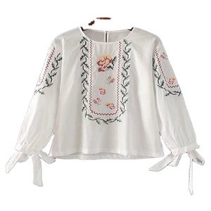 Bohème rétro style ethnique broderie coton et lin col rond manches évasées pull chemise femmes style ample haut - Product Image 1