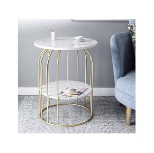 Haut en marbre antique rond 2 pièces ensemble de table basse classique moderne dessus en marbre or acier inoxydable métal tables basses d'appoint - Product Image 3