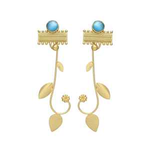 Fashionable <b>Turquoise</b> <b>Stud</b> <b>Earrings</b> with Gold Plated Leafs Dangles - Product Image 1