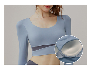 Custom Logo Seamless Yoga Leggings Sports Wear Women Workout Set Long Sleeve Crop <b>Tops</b> With Fixed Bra Sets - Product Image 4