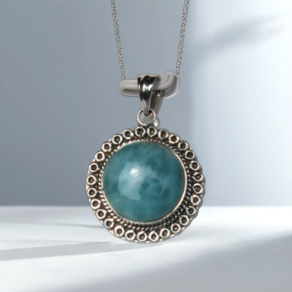 2024 High Grade Green Larimar Oval Cabochon Women's Handcrafted 925 Sterling Silver Gemstone Pendant with Semi-Precious Stone